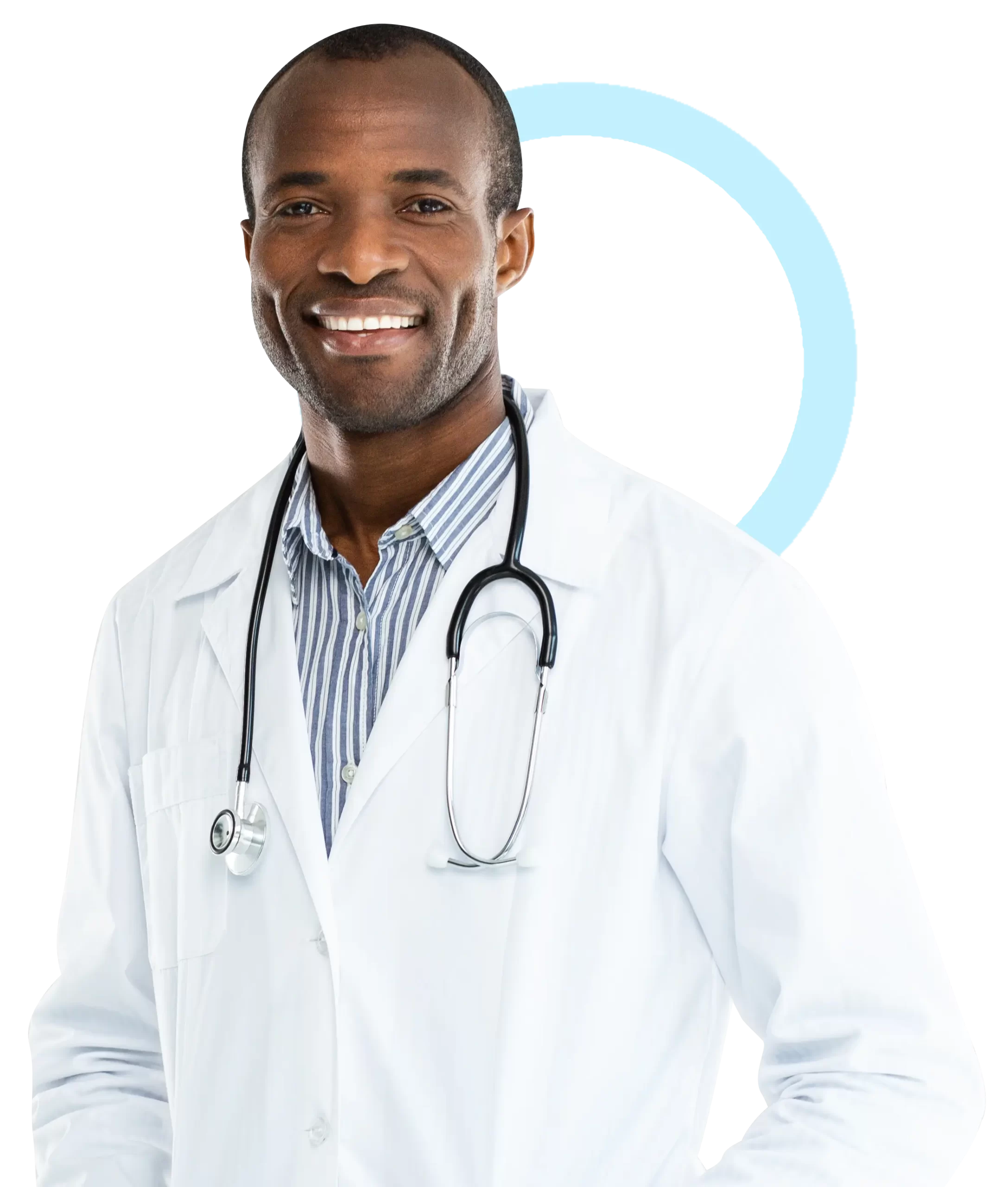 smiling doctor with blue ring in background