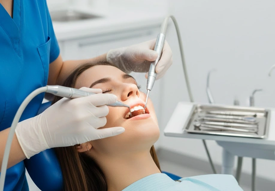 Dentist Cleaning Teeth of Patient